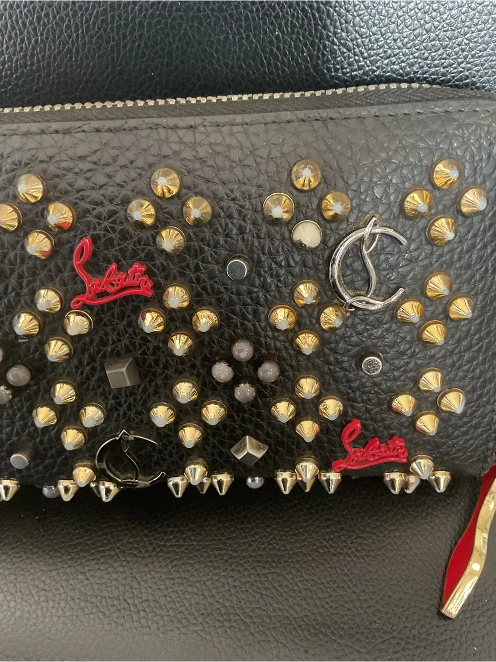 Christian Louboutin Black Studded Zip-Around Wallet with Red Logo Accents - Picture 3 of 7